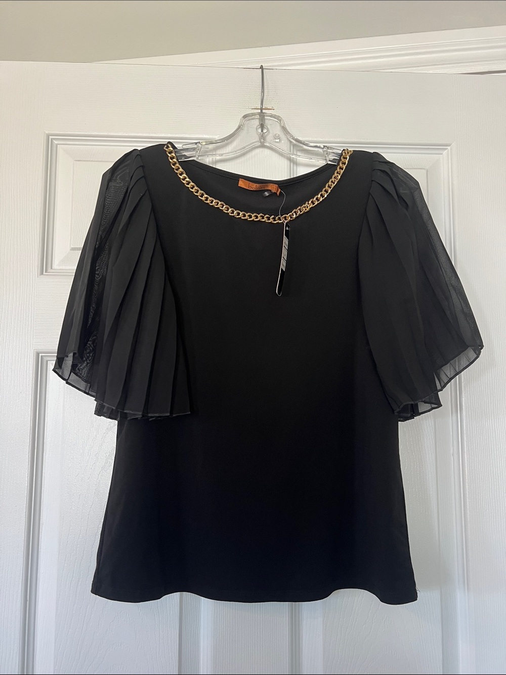 Belldini Black Blouse with Gold Chain Neckline